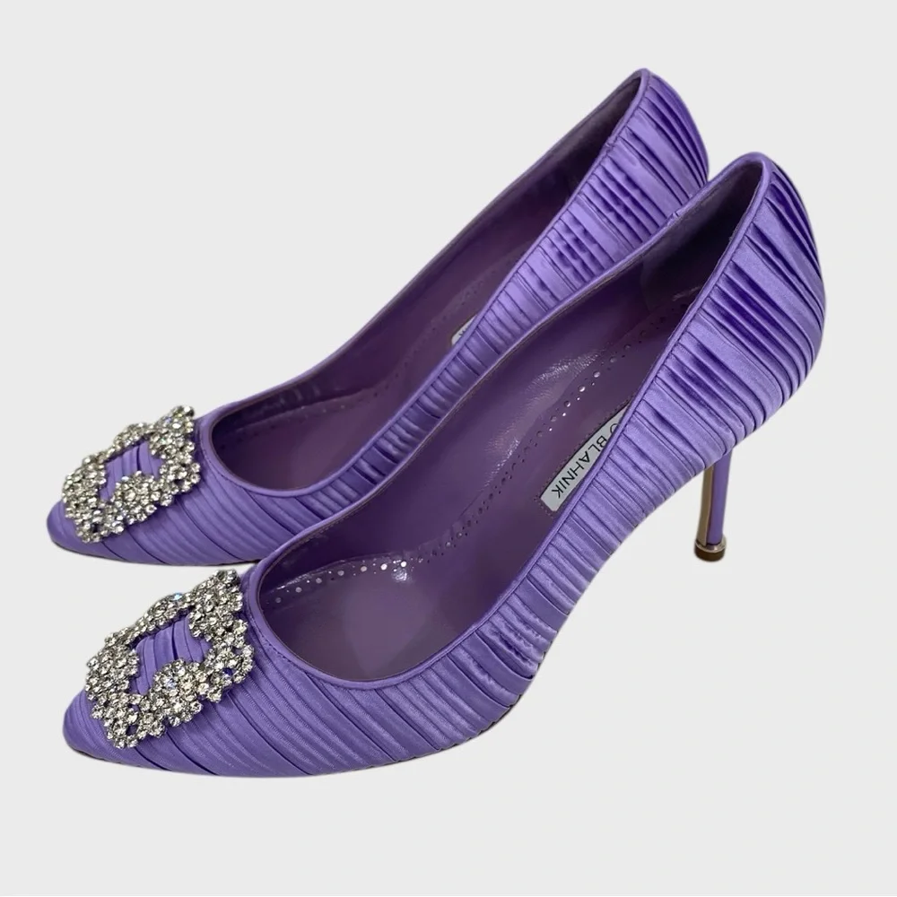 Manolo Blahnik New in Box Hangisi Purple Pleated Satin Pumps Size 39 1/2 - Picture 2 of 12
